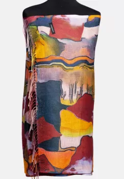 Esarfa cashmere cu fir din lurex, model abstract bordo, verde si portocaliu imagine