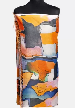 Esarfa cashmere cu fir din lurex, model abstract portocaliu, albastru si bej imagine