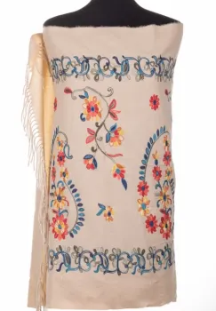 Esarfa cashmere cu model floral brodat pe fond bej deschis imagine