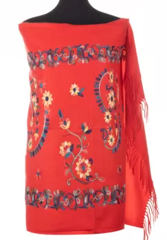 Esarfa cashmere cu model floral brodat pe fond rosu imagine