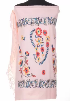 Esarfa cashmere cu model floral brodat pe fond roz deschis imagine