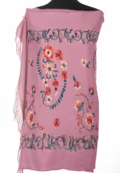 Esarfa cashmere cu model floral brodat pe fond roz inchis imagine