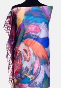 Esarfa cashmere cu model pensulat in nuante intense de turcoaz, roz si mov imagine