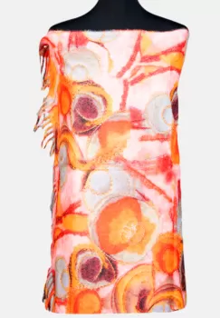 Esarfa cashmere cu modele multicolore in nuante de portocaliu si gri pe fond roz imagine