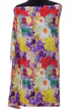 Esarfa casmir cu flori albe si mov pe fond galben imagine