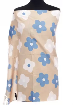 Esarfa casmir cu flori crem si albastre pe fond capucino imagine