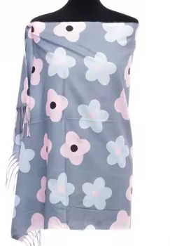 Esarfa casmir cu flori roz si bleu pe fond gri deschis imagine