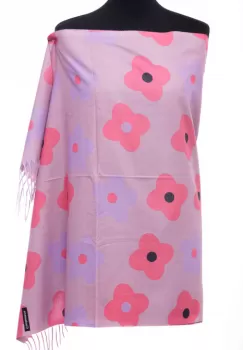 Esarfa casmir cu flori roz si lila pe fond roz prafuit imagine