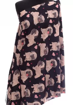 Esarfa casmir cu imprimeu catei pug pe fond negru imagine