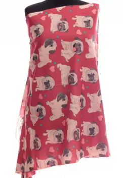 Esarfa casmir cu imprimeu catei pug pe fond rosu imagine