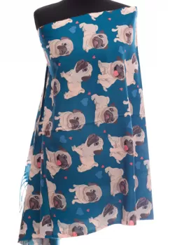 Esarfa casmir cu imprimeu catei pug pe fond turcoaz inchis imagine