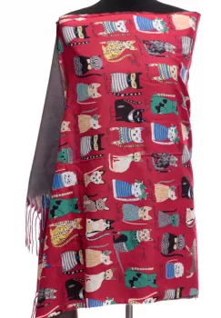 Esarfa casmir cu imprimeu pisicute cochete pe fond bordo imagine