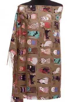 Esarfa casmir cu imprimeu pisicute cochete pe fond camel imagine