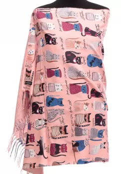 Esarfa casmir cu imprimeu pisicute cochete pe fond roz imagine