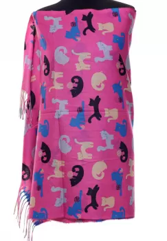 Esarfa casmir cu imprimeu pisicute jucause pe fond fucsia imagine