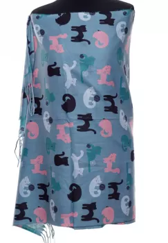 Esarfa casmir cu imprimeu pisicute jucause pe fond gri albastrui imagine