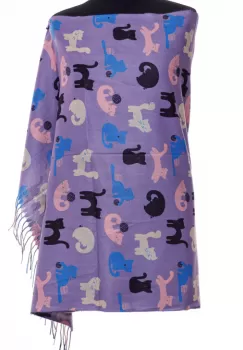 Esarfa casmir cu imprimeu pisicute jucause pe fond mov deschis imagine
