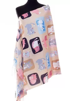 Esarfa casmir cu imprimeu pisicute pe fond bej imagine