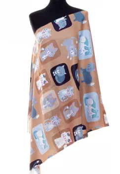 Esarfa casmir cu imprimeu pisicute pe fond camel imagine