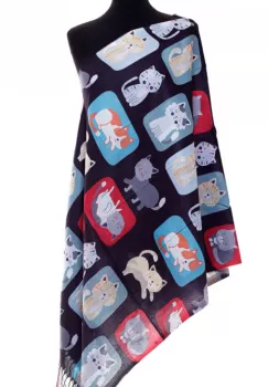 Esarfa casmir cu imprimeu pisicute pe fond negru imagine