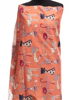 Esarfa casmir cu imprimeu pisicute si inimioare pe fond caramiziu imagine