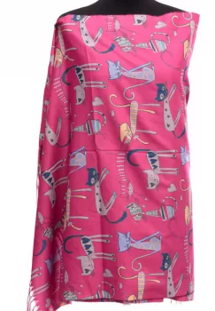 Esarfa casmir cu imprimeu pisicute si inimioare pe fond fucsia imagine