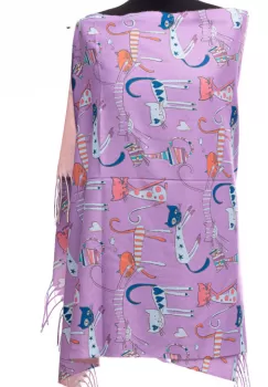 Esarfa casmir cu imprimeu pisicute si inimioare pe fond mov imagine