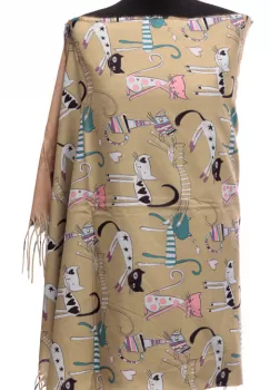 Esarfa casmir cu imprimeu pisicute si inimioare pe fond verde olive imagine