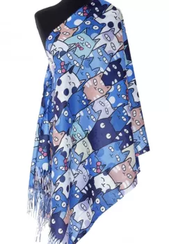 Esarfa casmir cu pisici cu ochi mari predominant albastru electric si lila imagine