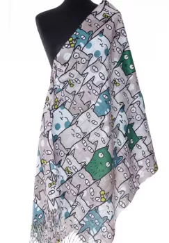 Esarfa casmir cu pisici cu ochi mari predominant bej si verde imagine