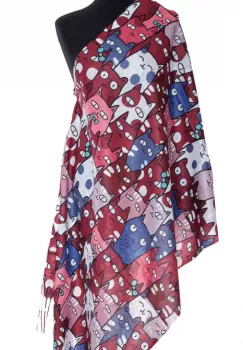 Esarfa casmir cu pisici cu ochi mari predominant bordo si roz imagine