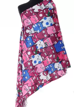 Esarfa casmir cu pisici cu ochi mari predominant fucsia, bordo si albastre imagine