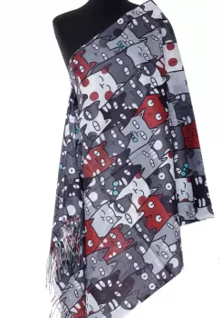 Esarfa casmir cu pisici cu ochi mari predominant gri si caramiziu imagine