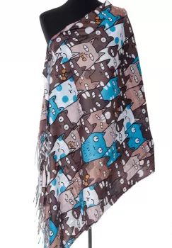 Esarfa casmir cu pisici cu ochi mari predominant maron si turcoaz imagine
