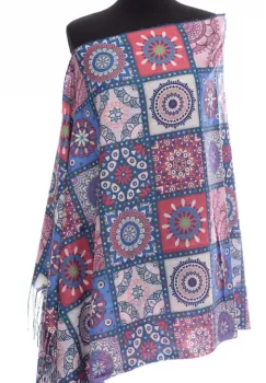 Esarfa casmir dreptunghiulara cu patrate modele marocane in nuante albastru-bordo imagine