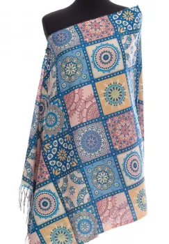 Esarfa casmir dreptunghiulara cu patrate modele marocane in nuante albastru-ocru imagine