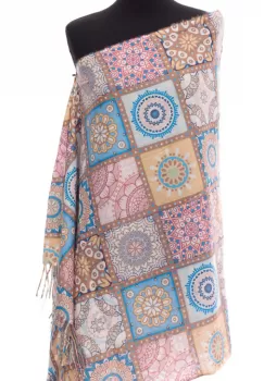 Esarfa casmir dreptunghiulara cu patrate modele marocane in nuante bej-ocru imagine