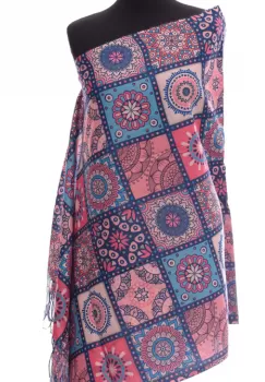 Esarfa casmir dreptunghiulara cu patrate modele marocane in nuante de albastru-fucsia imagine