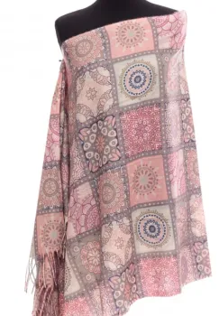 Esarfa casmir dreptunghiulara cu patrate modele marocane in nuante roz-bej imagine