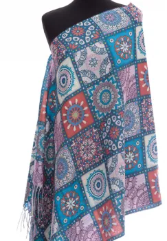 Esarfa casmir dreptunghiulara cu patrate modele marocane in nuante turcoaz imagine