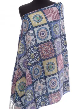 Esarfa casmir dreptunghiulara cu patrate modele marocane predominant albastru jeans imagine