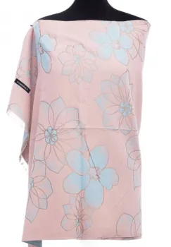 Esarfa casmir dubla fata cu flori mari bleu pe fond roz imagine