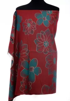 Esarfa casmir dubla fata cu flori mari turcoaz pe fond rosu inchis imagine