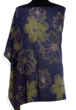 Esarfa casmir dubla fata cu flori mari verzi pe fond bleumarin imagine