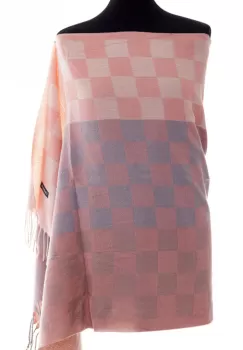 Esarfa casmir unisex cu imprimeu tabla de sah pe fond roz prafuit imagine