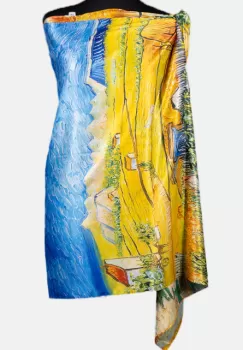 Esarfa cu doua fete, din matase, cu imeprimeu campenesc pe nuante de galben si albastru imagine