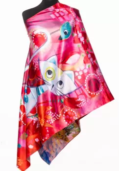 Esarfa cu doua fete, din matase, cu imeprimeu pisica cu flori pe nuante de fucsia si rosu imagine