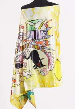 Esarfa cu doua fete, din matase, cu imprimeu diferite pisici in copac si floarea soarelui imagine