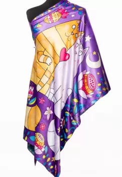 Esarfa cu doua fete, din matase, cu imprimeu doua pisici imbratisate in nuante de mov imagine