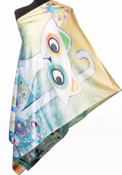 Esarfa cu doua fete, din matase, cu imprimeu pisica cu ochi mari pe fond pastel imagine